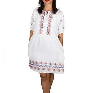 Knox Rose Cotton Mix White Pink Embroidery Boho Short Sleeve Dress W/ Pockets L